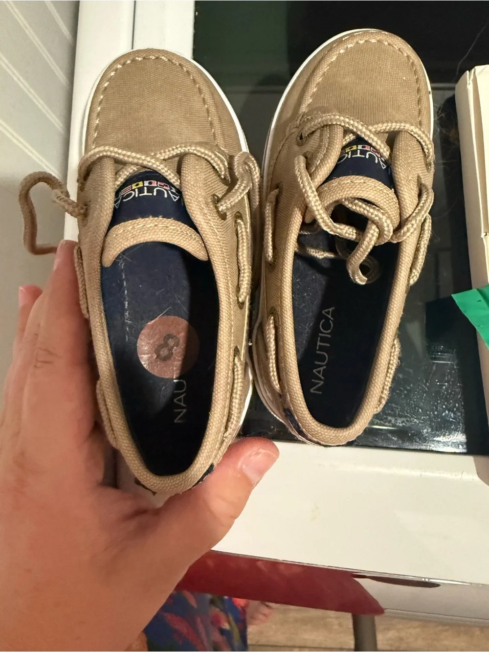 Nautica Kids Tan Canvas Boat Shoes with Navy Tongue Accents